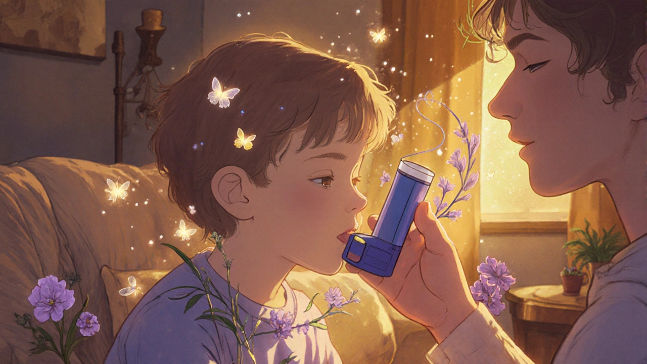 Bambino che usa un inalatore con spaziatore, guidato da un adulto, in una stanza soleggiata.