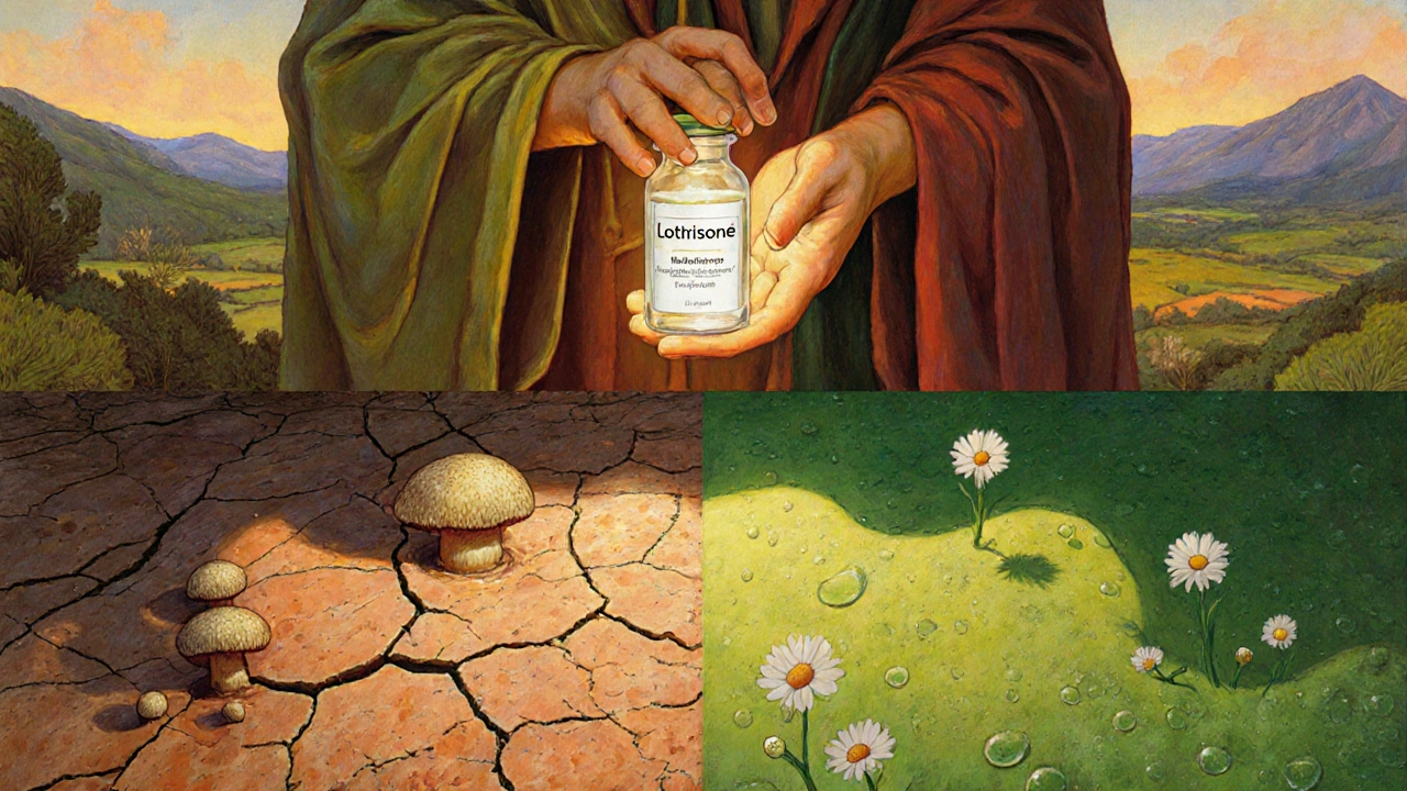 Figura protettiva che offre un farmaco tra due paesaggi: pelle infetta e pelle sana rigogliosa.