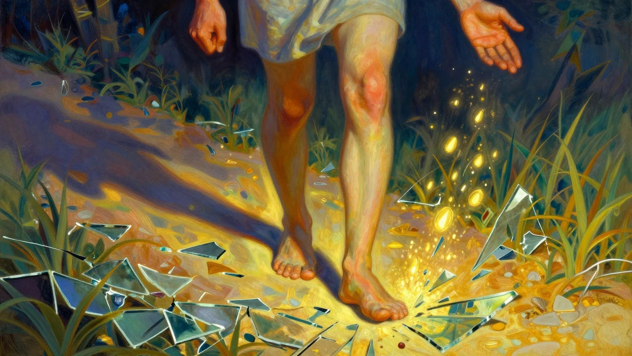 Paziente che cammina su vetro che brilla invece di ferire, rappresentando il sollievo dal dolore nervoso grazie al gabapentin.