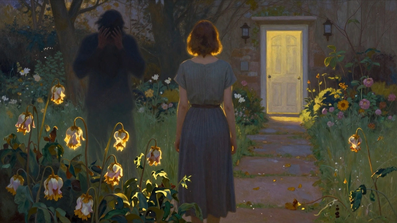 Una donna in un giardino al mattino, con fiori che sbocciano lentamente sotto la luce dorata.