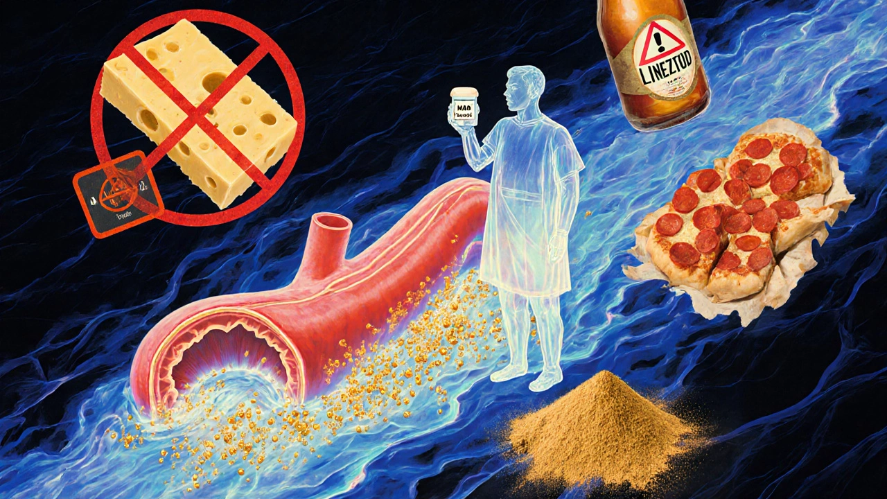 Arteria luminosa con particelle di tirosina e enzima MAO che si dissolve, circondata da cibi pericolosi.