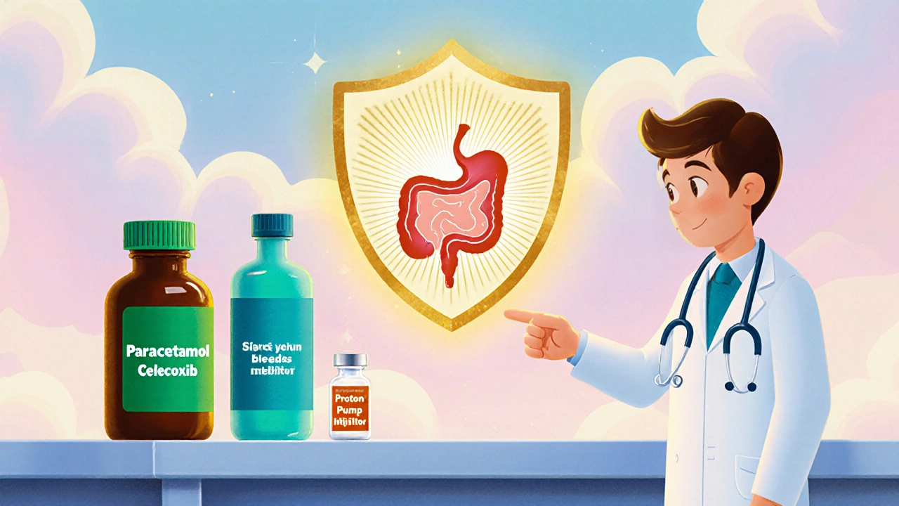 Banco con farmaci sicuri e scudo luminoso che protegge lo stomaco.