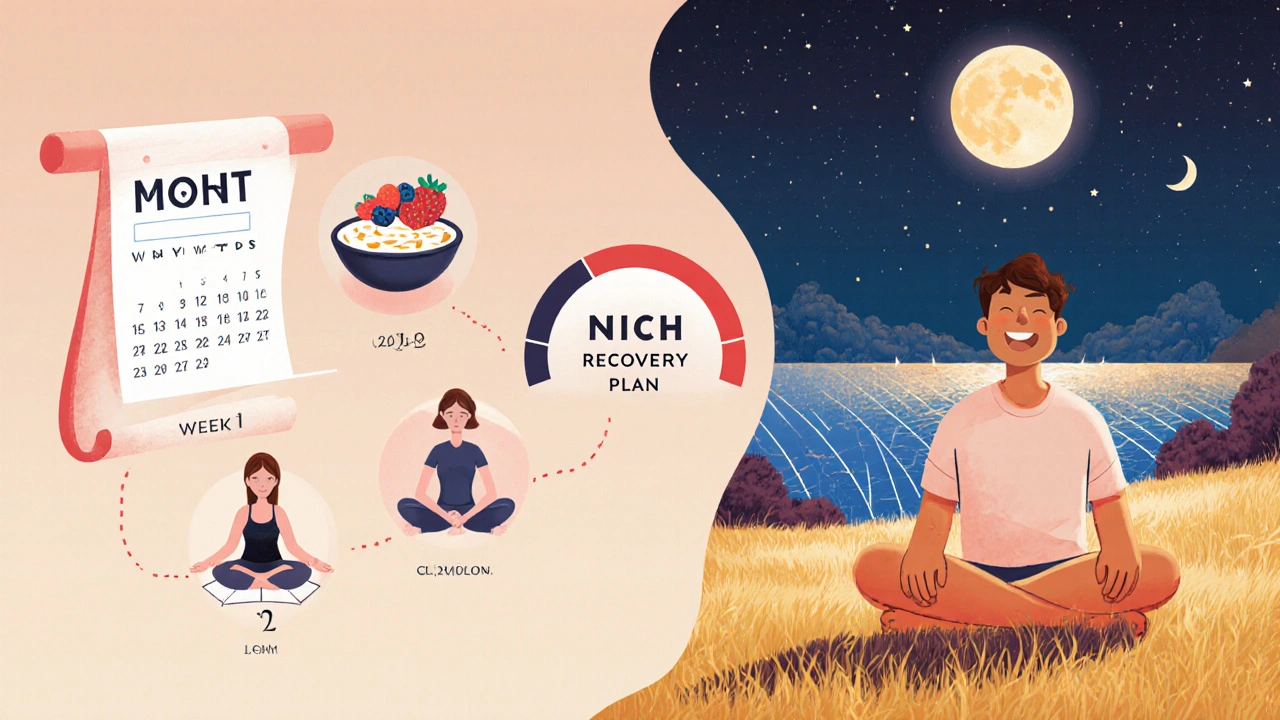 Calendario a 4 settimane con vignette di pasti, yoga, nuoto e sonno, figura serena al centro.