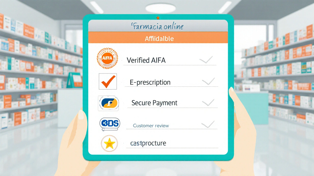 Checklist digitale mostra certificazioni AIFA, e‑prescrizione e pagamenti sicuri.