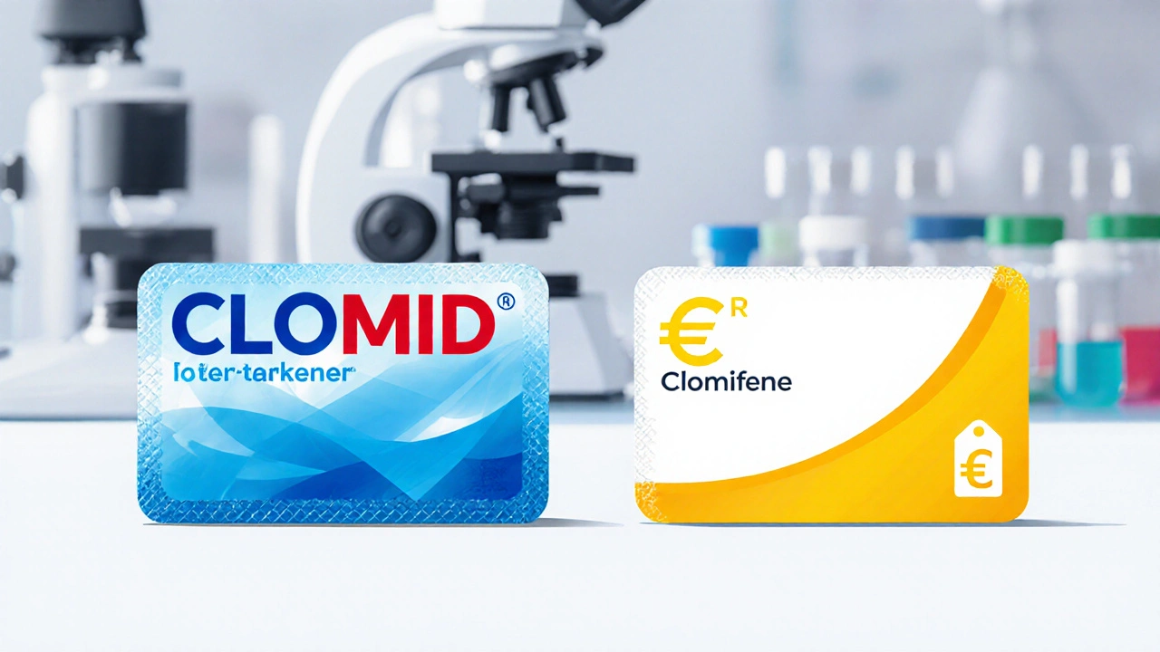 Confronto visivo di confezioni di Clomid marca e clomifene generico, con icone di prezzo.