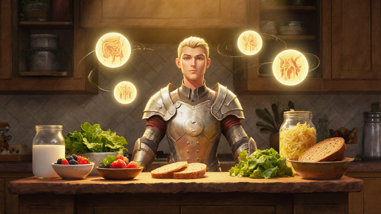 Cucina con cibi ricchi di fibre e fermentati, personaggio in armatura protetta da particelle SCFA.