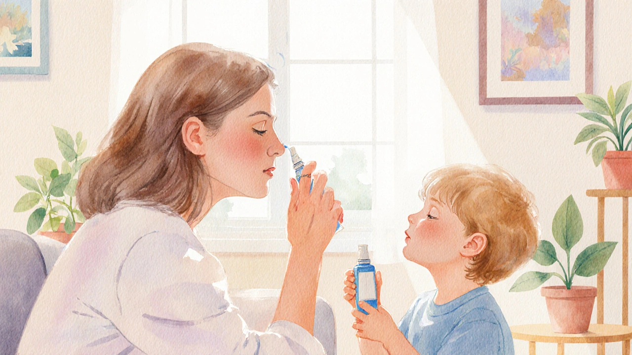 Donna e bambino usano spray nasali in un ambiente luminoso e sereno.
