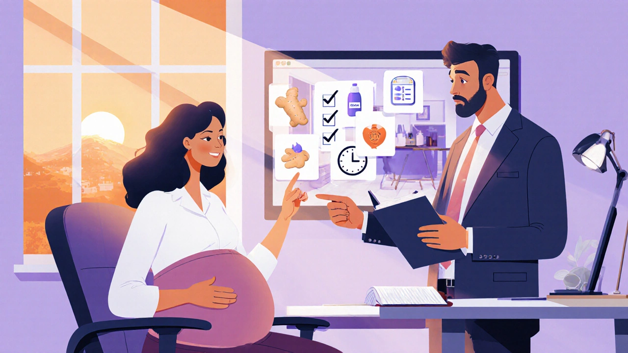 Donna incinta discute con il responsabile, mostra una checklist, ambiente d&#039;ufficio ergonomico e luminoso.