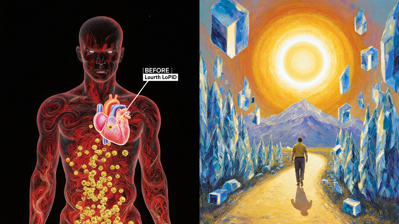 Doppio ritratto del corpo: prima e dopo il trattamento dei trigliceridi, con simboli di salute e luce.