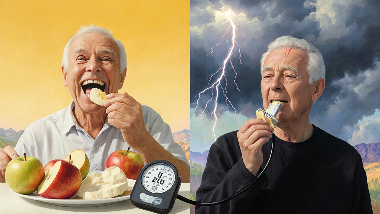 Due scene parallele: a sinistra cibo sicuro e cielo sereno, a destra tempesta e pressione alta.