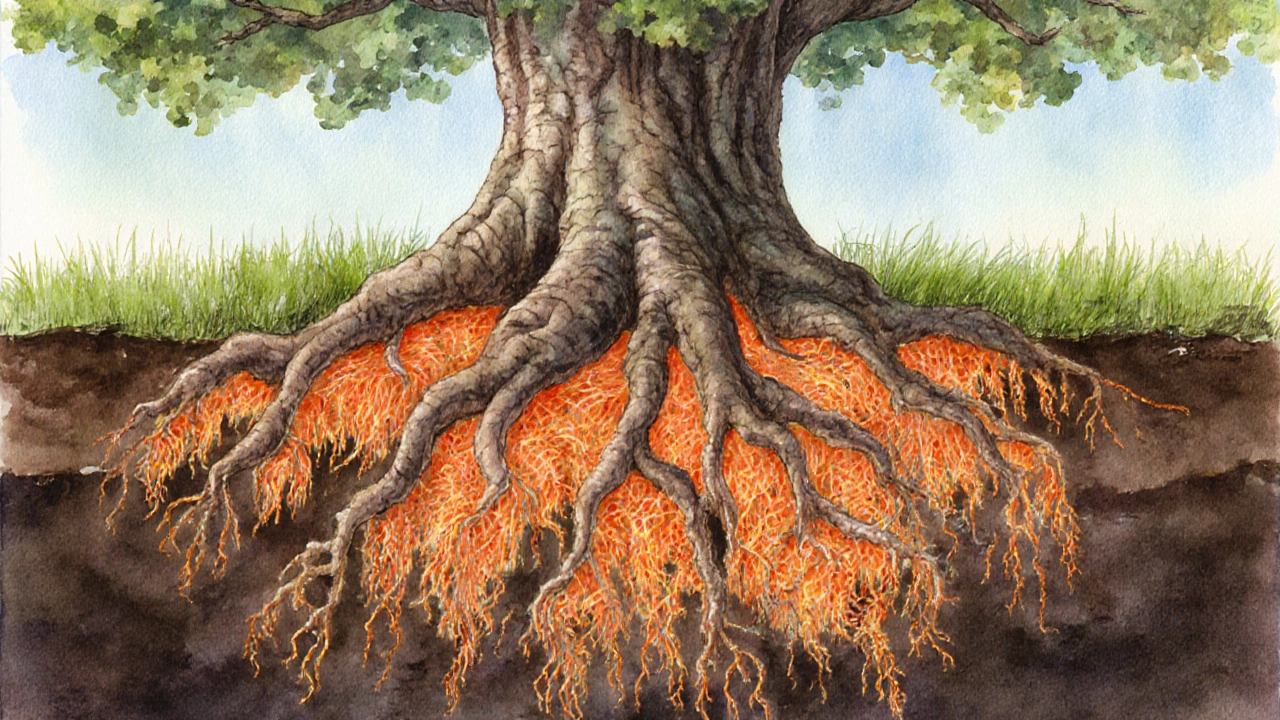 Filamenti micorrizici arancioni avvolgono le radici di una quercia, mostrando scambio nutritivo.