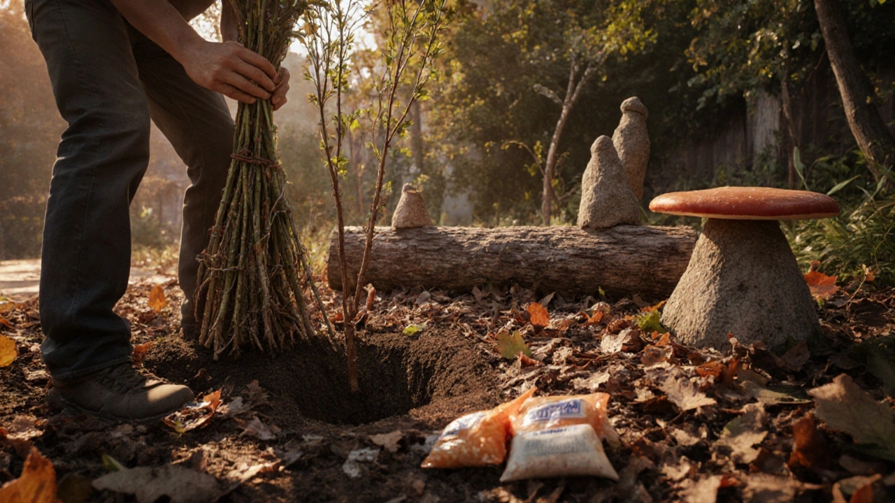 Giardino urbano con mucchi di legno, foglie e alberi autoctoni, creato per favorire i funghi.