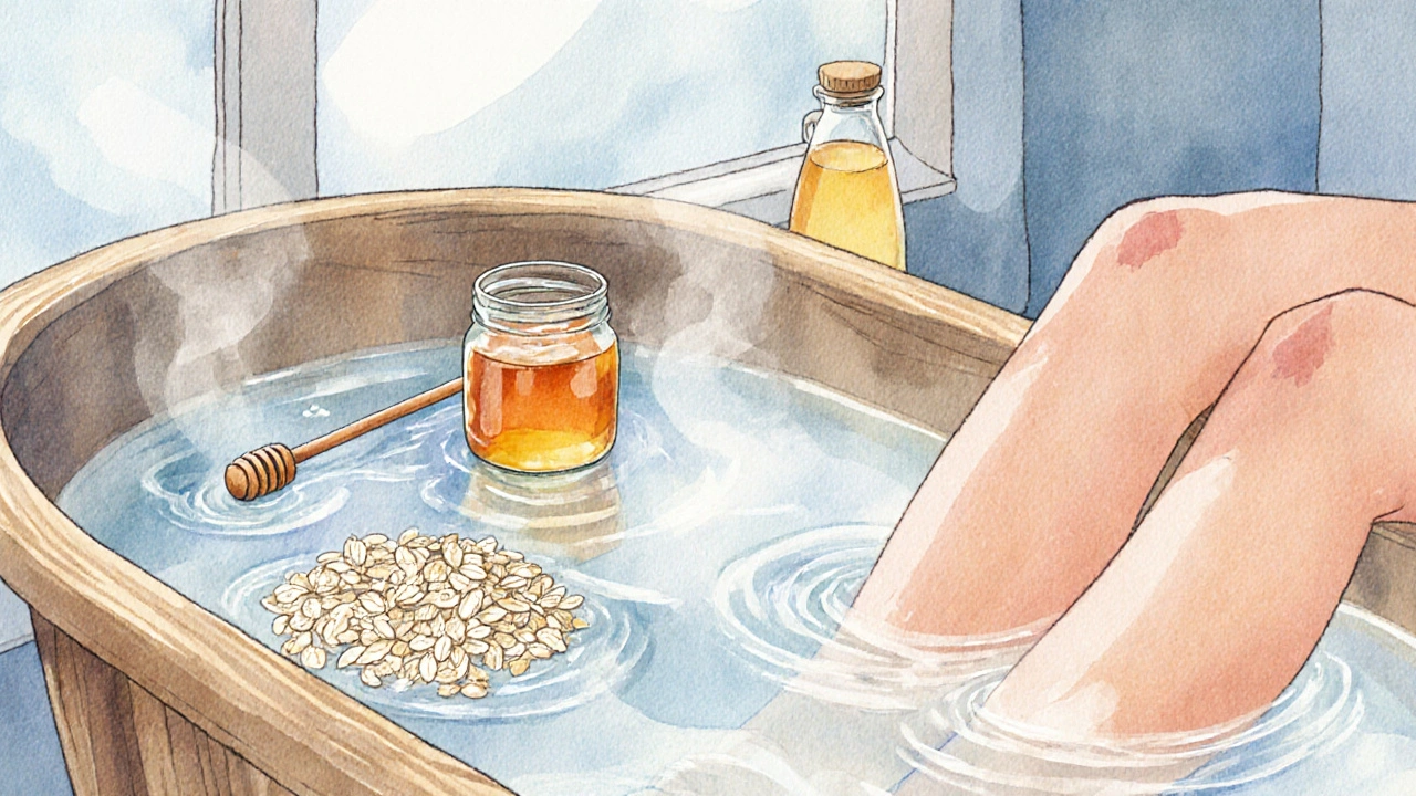 Illustrazione ad acquerello di bagnetto con avena, miele e olio di cocco, mani immerse.
