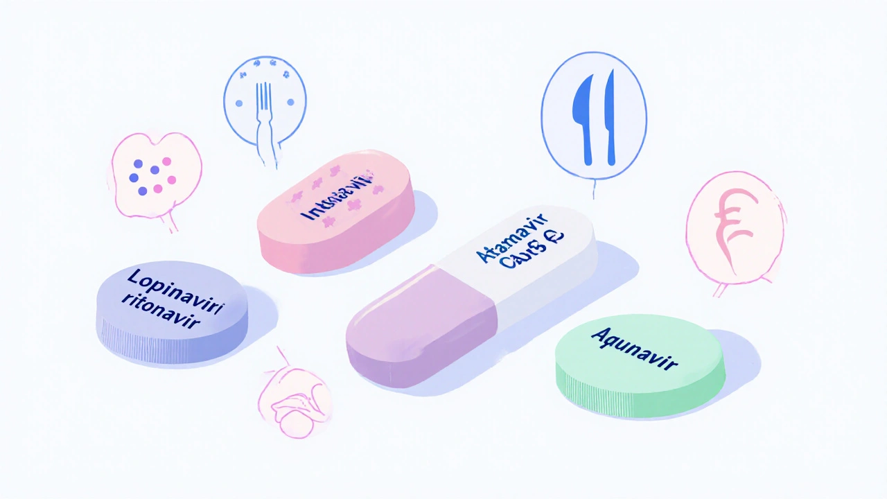 Illustrazione di cinque compresse con icone per dose, cibo, reni e costo.