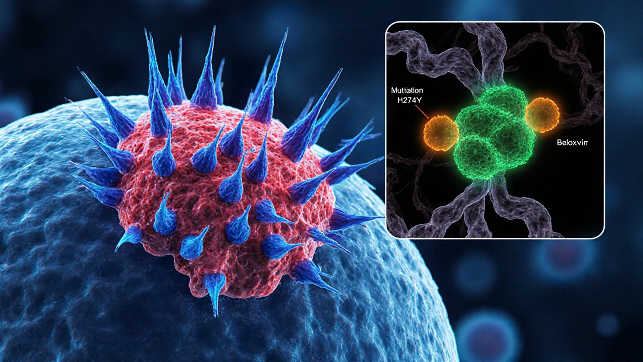 Illustrazione scientifica di virioni influenzali bloccati da Oseltamivir e Baloxavir, con mutazioni evidenziate.