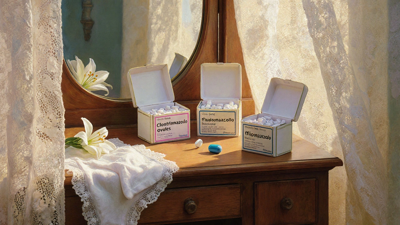 Medication boxes and cotton underwear on a vanity with soft morning light.