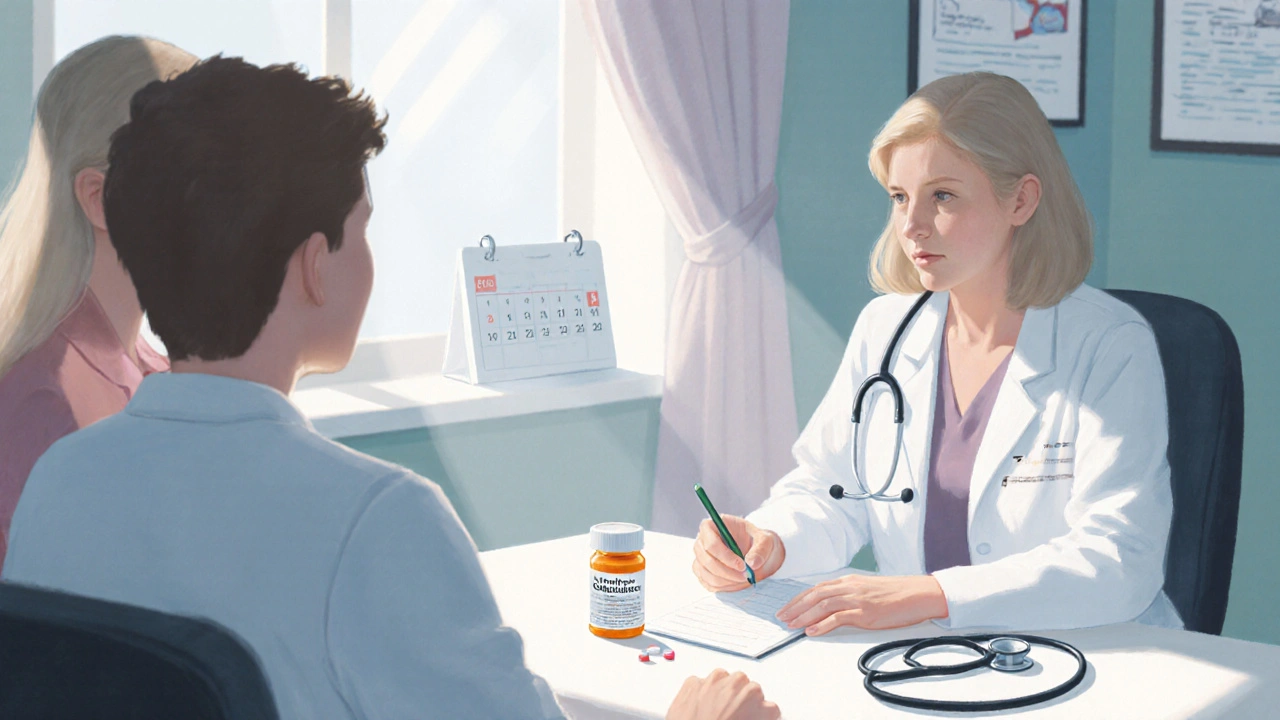Medico e coppia che discutono di prescrizione di clomifene generico in un ufficio accogliente.