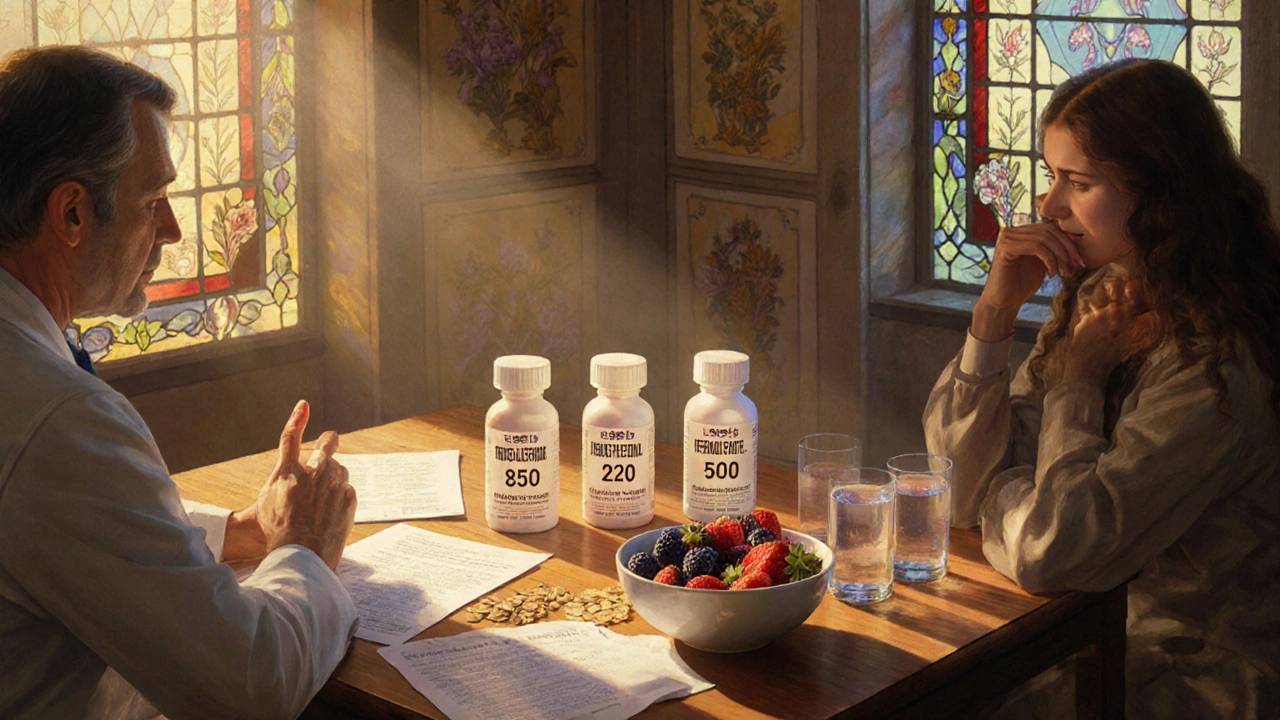 Medico e paziente al tavolo con esami e cibo sano, luce calda e dettagli ornamentali.