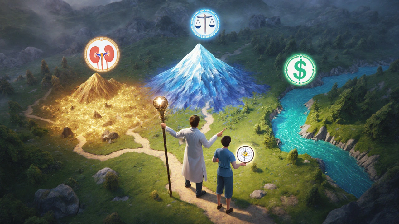 Medico e paziente davanti a una mappa fantasy con percorsi per costo, peso e funzione renale.