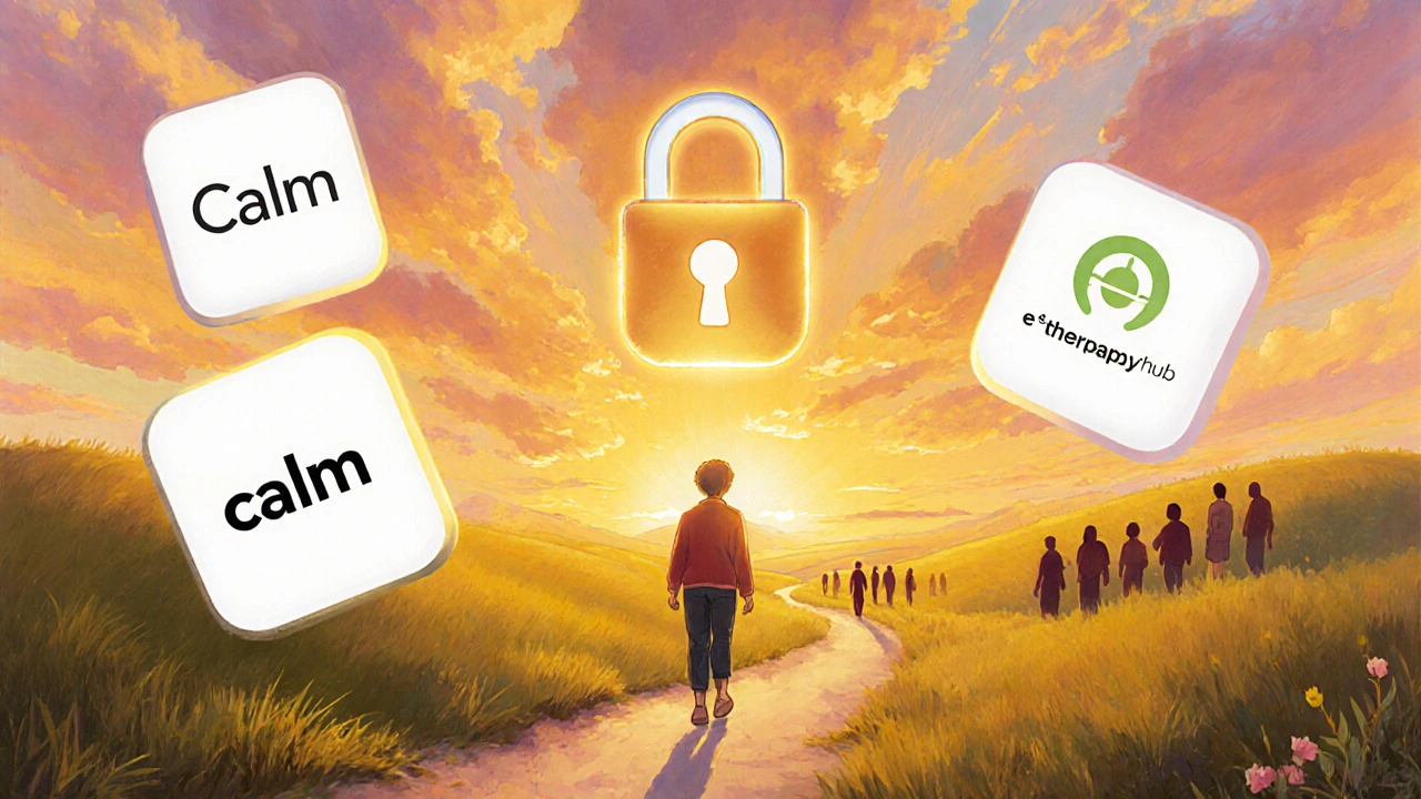 Persona cammina al sorgere del sole con icone app luminose e simbolo di sicurezza.