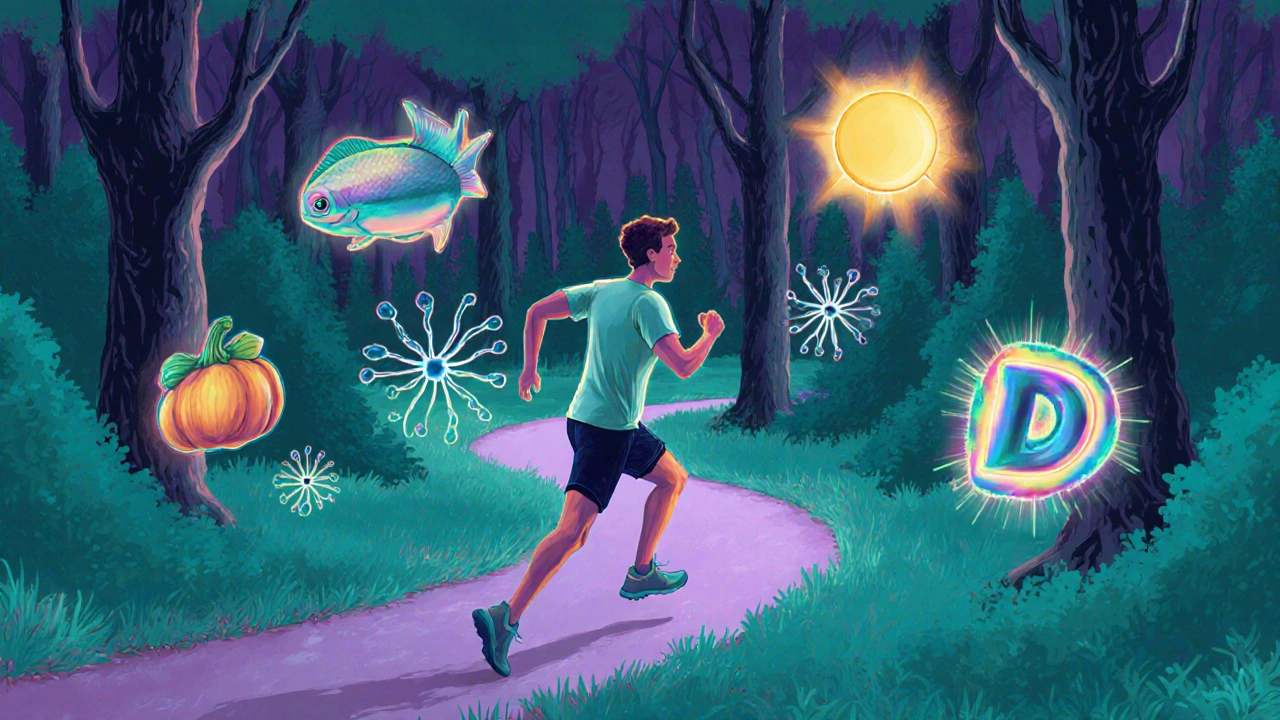 Persona che corre in foresta luminosa con icone di omega‑3, magnesio e vitamina D fluttuanti intorno.