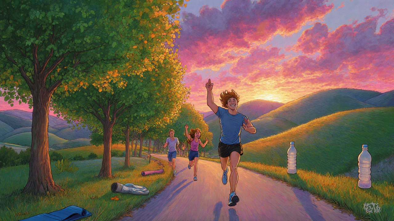 Persona felice che corre al tramonto, circondata da amici e natura, esprime speranza.