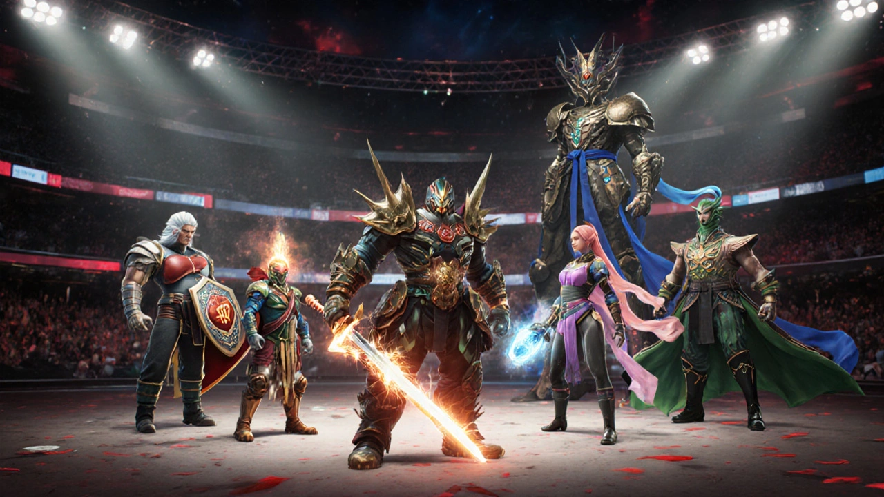 Personaggi simboleggianti farmaci per diabete in arena, ognuno con armi che ne mostrano il meccanismo.