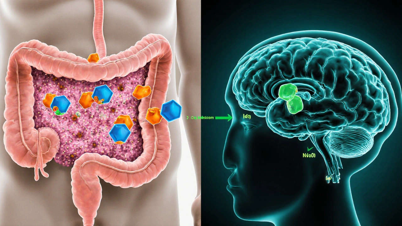 Rappresentazione schematica dei recettori 5‑HT3 bloccati da ondansetron nell’intestino e nel cervello.