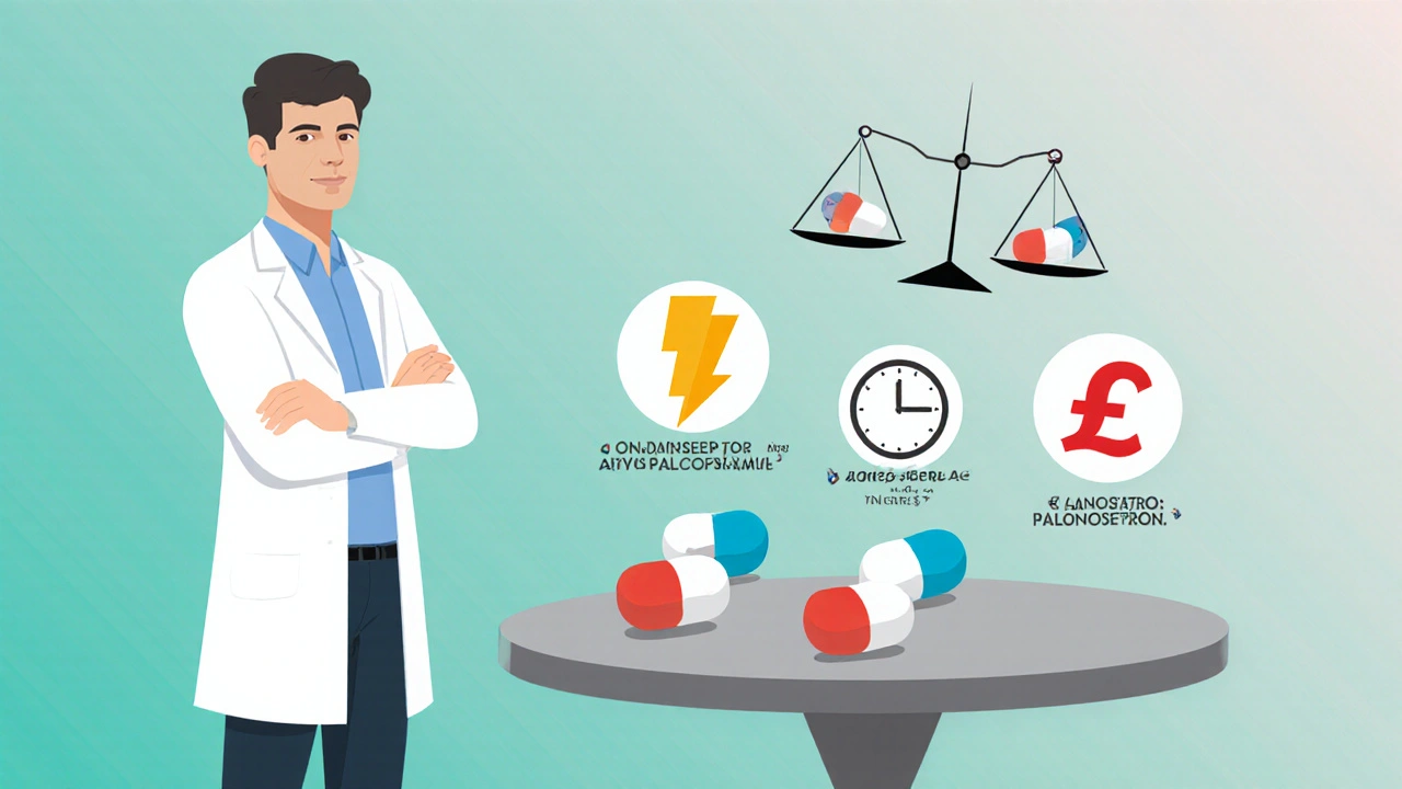 Scena di medico che confronta diverse opzioni antiemetiche con simboli di efficacia, costo e effetti collaterali.