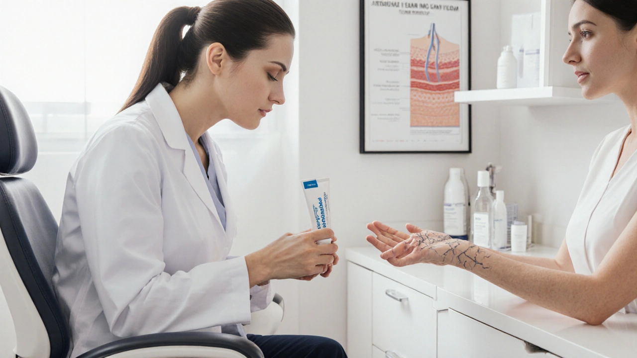 Scena realistica di visita dermatologica con mano screpolata, crema e medico.