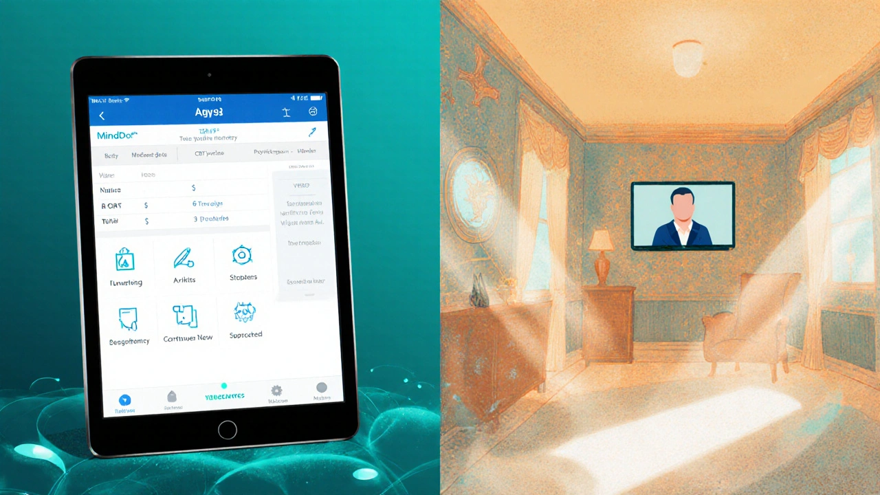 Schermata divisa: app MindDoc con diario e video chiamata telepsichiatrica.