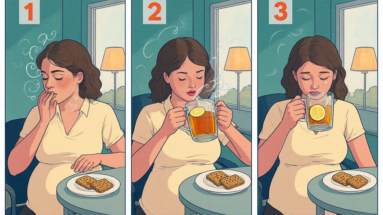 Serie di tre vignette: respira profondamente, sorseggia tè allo zenzero, mangia un cracker integrale.