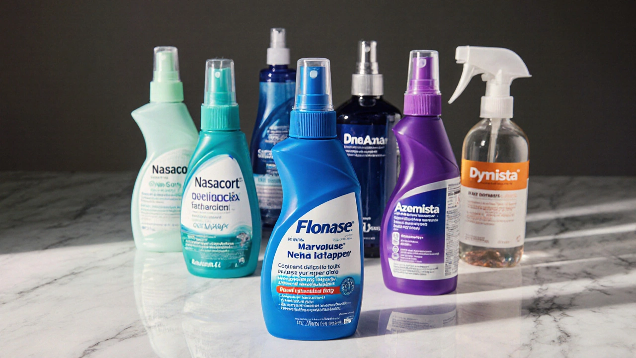 Set di sette flaconi di spray nasali diversi su un tavolo bianco.