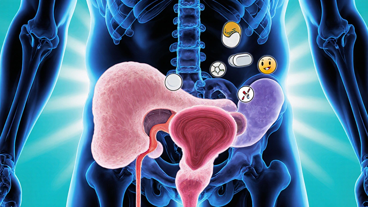 Sezione anatomica con vescica, prostata ingrandita e pillole anticolinergiche che riducono la contrazione.