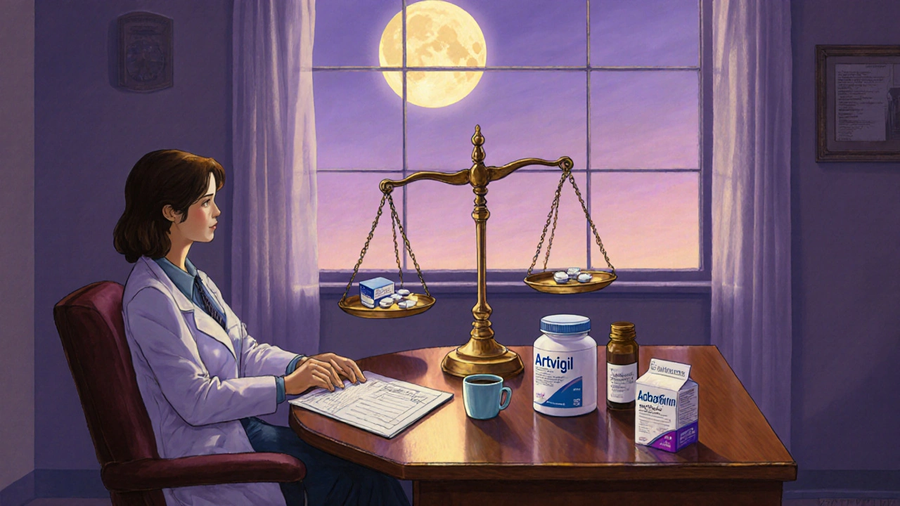 Ufficio medico al tramonto con una bilancia che mostra Artvigil contro caffè e altri farmaci.