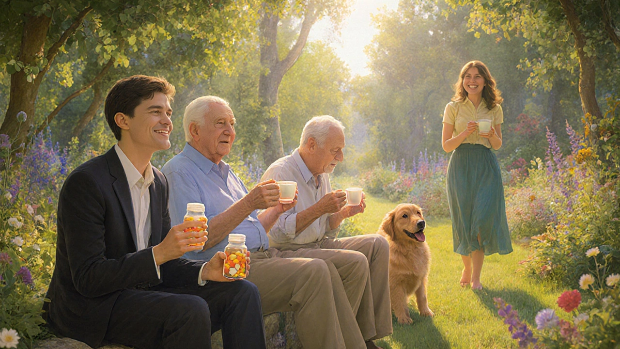 Un gruppo di persone in un giardino luminoso, felici e liberi, con bottiglie di farmaco visibili senza vergogna.