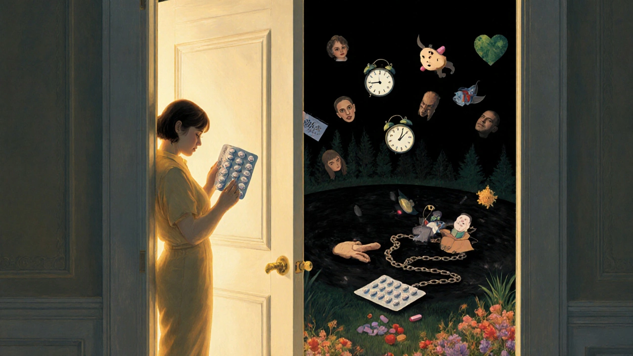 Una porta socchiusa che emana luce, mentre catene spezzate giacciono a terra accanto a un blister di pillole.