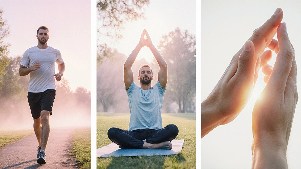 Uomo che cammina, fa yoga e esercizi Kegel al parco al sorgere del sole.