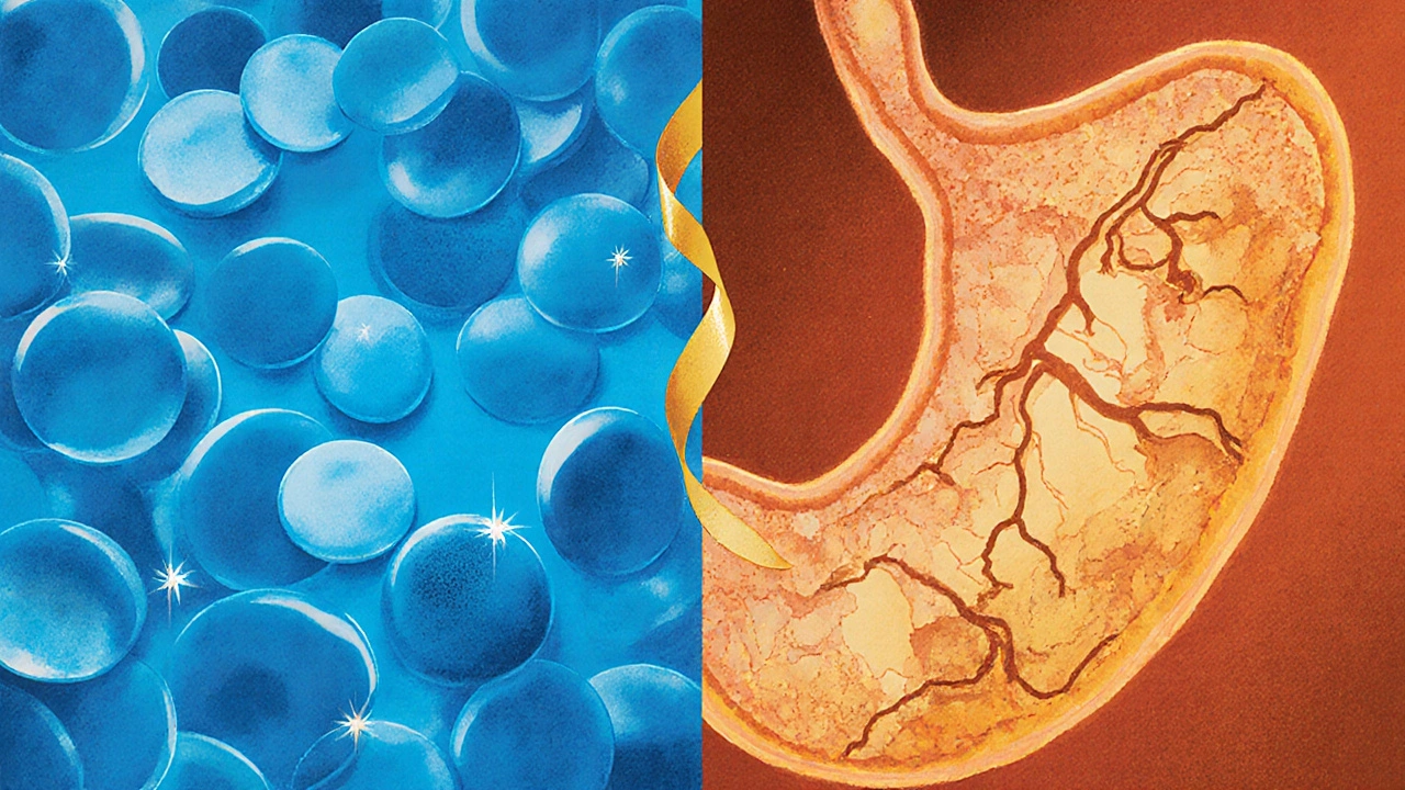 Vista divisa: piastrine con meno serotonina a sinistra, mucosa gastrica danneggiata a destra.