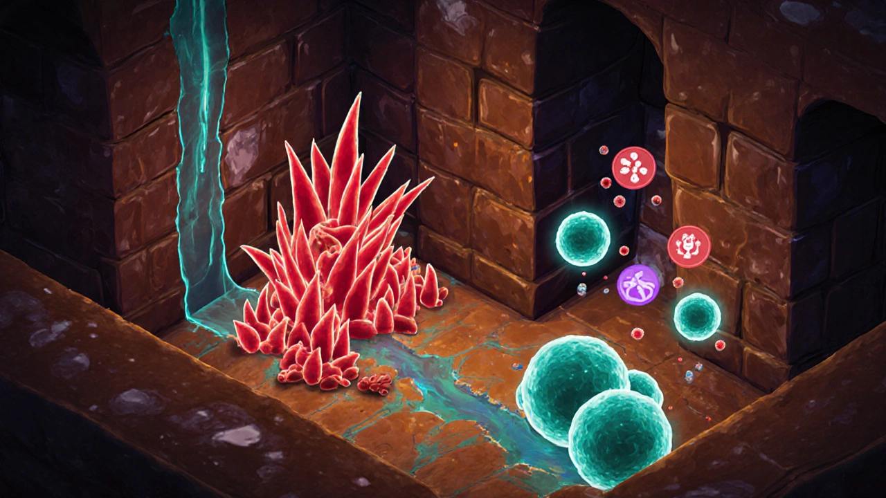 Vista isometrica dell&#039;intestino con batteri Prevotella rossi, Faecalibacterium verdi e perdita di barriera.