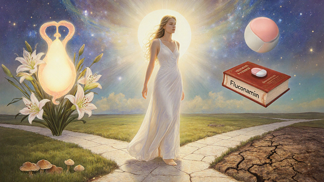 Woman at a crossroads choosing between antifungal treatments under celestial light.