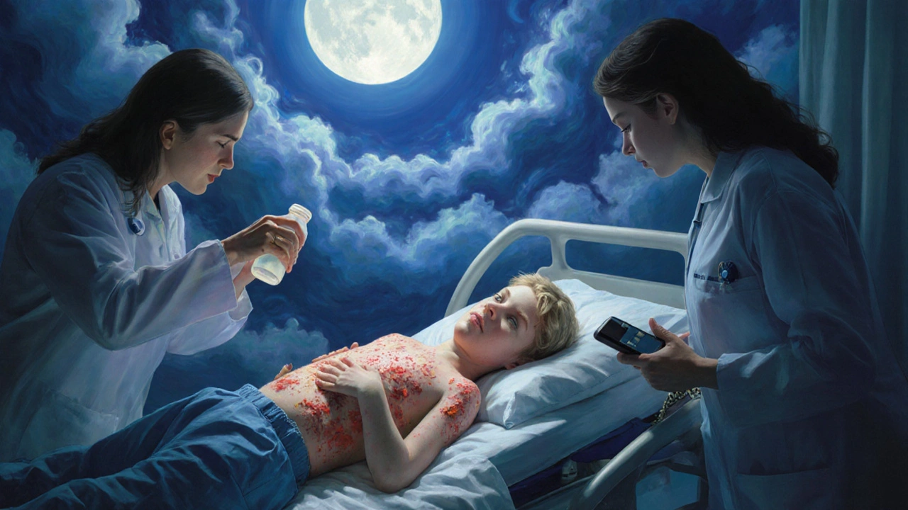 Bambino in ospedale con eruzione grave e vesciche, personale medico in azione sotto luce lunare.