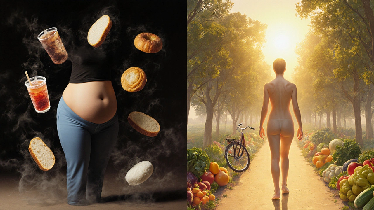 Due figure: una in ombra circondata da cibi malsani, l&#039;altra che cammina verso una strada luminosa con cibi sani.
