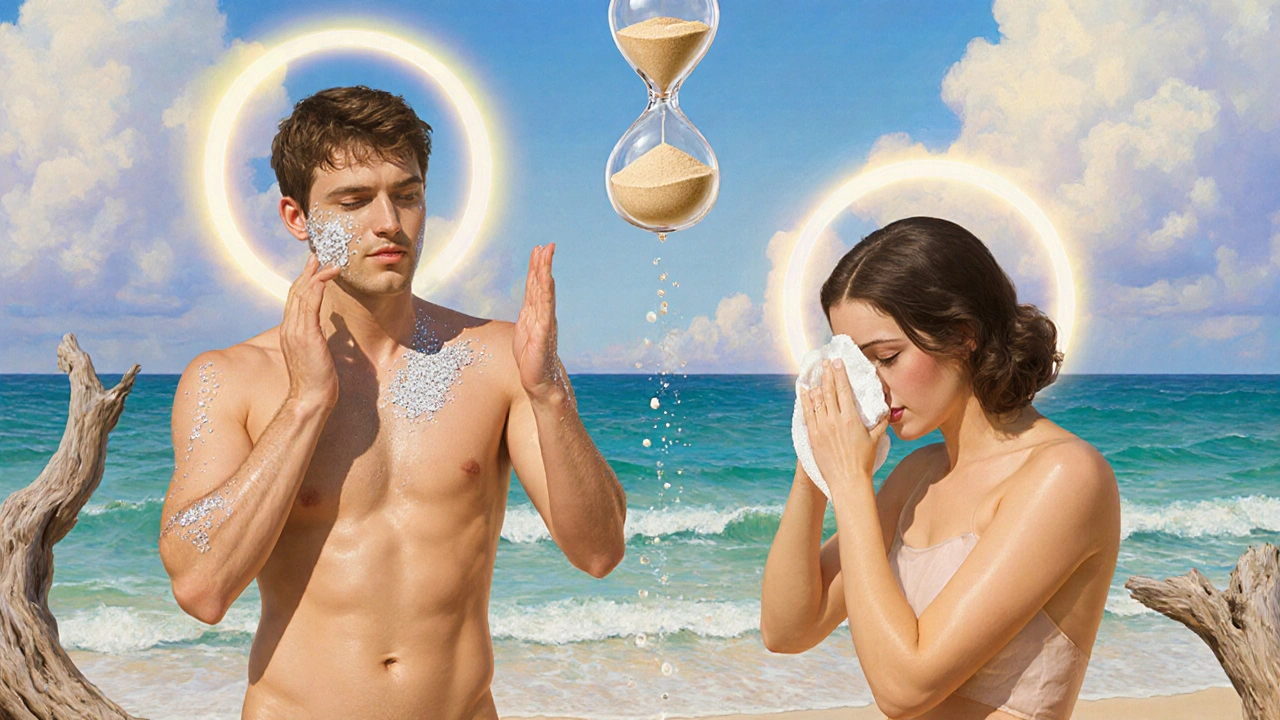 Due persone in spiaggia: una applica crema minerale, l&#039;altra si asciuga dopo il nuoto, con un clessidra che simboleggia la protezione che svanisce.