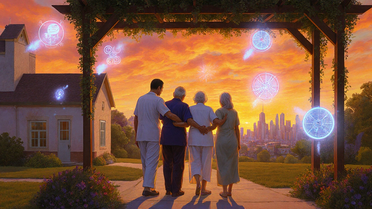 Familiari guidano un anziano verso un centro fresco sotto un cielo caldo, con dispositivi di protezione fluttuanti.