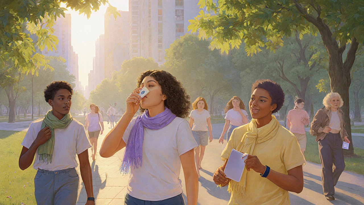 Gruppo diversificato in un parco urbano che usa protezione solare quotidianamente, con raggi UV filtrati e un dispositivo al polso che avverte.