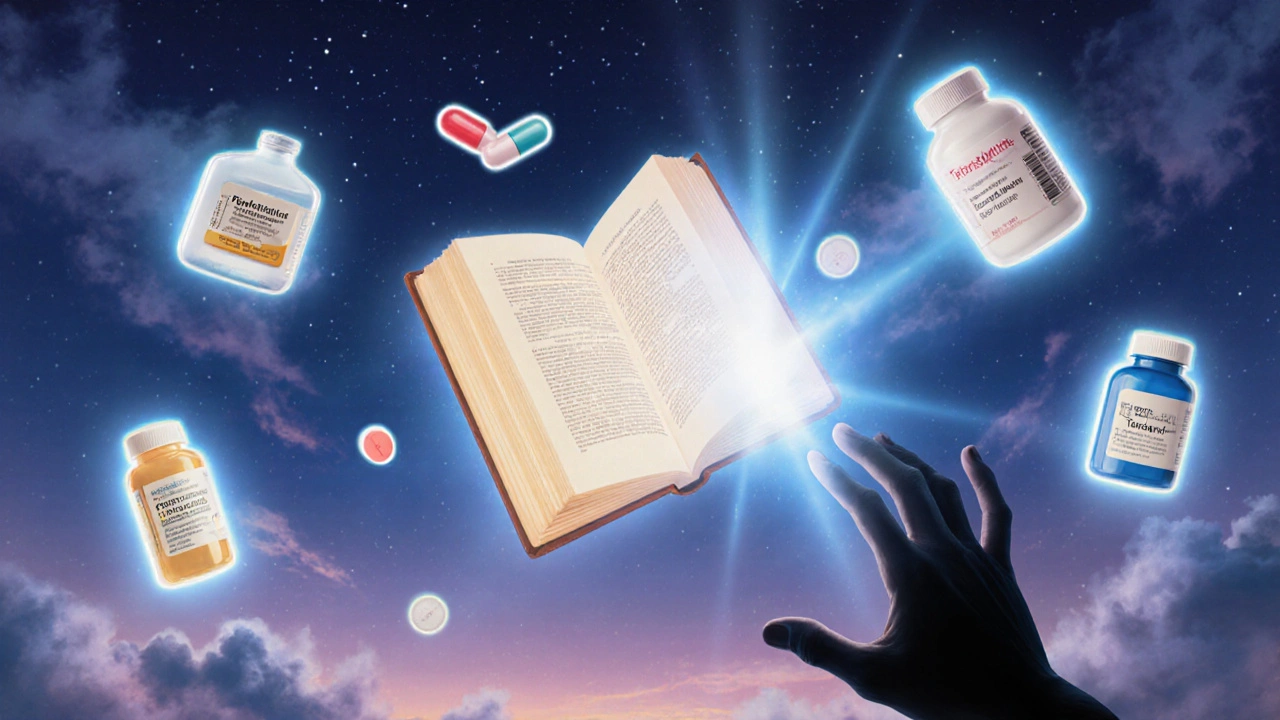 Libro medico fluttuante con antibiotici sicuri in aura blu, mentre le tetracicline vengono allontanate da una mano luminosa in un cielo crepuscolare.