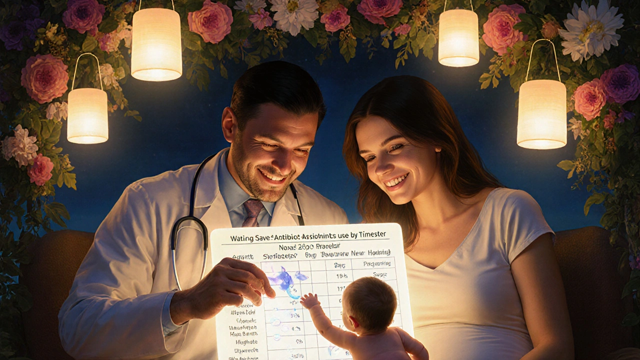 Medico e paziente incinta discutono sotto un pergolato floreale, con una mappa dei farmaci sicuri e una mano di bambino che raggiunge una goccia d&#039;acqua.