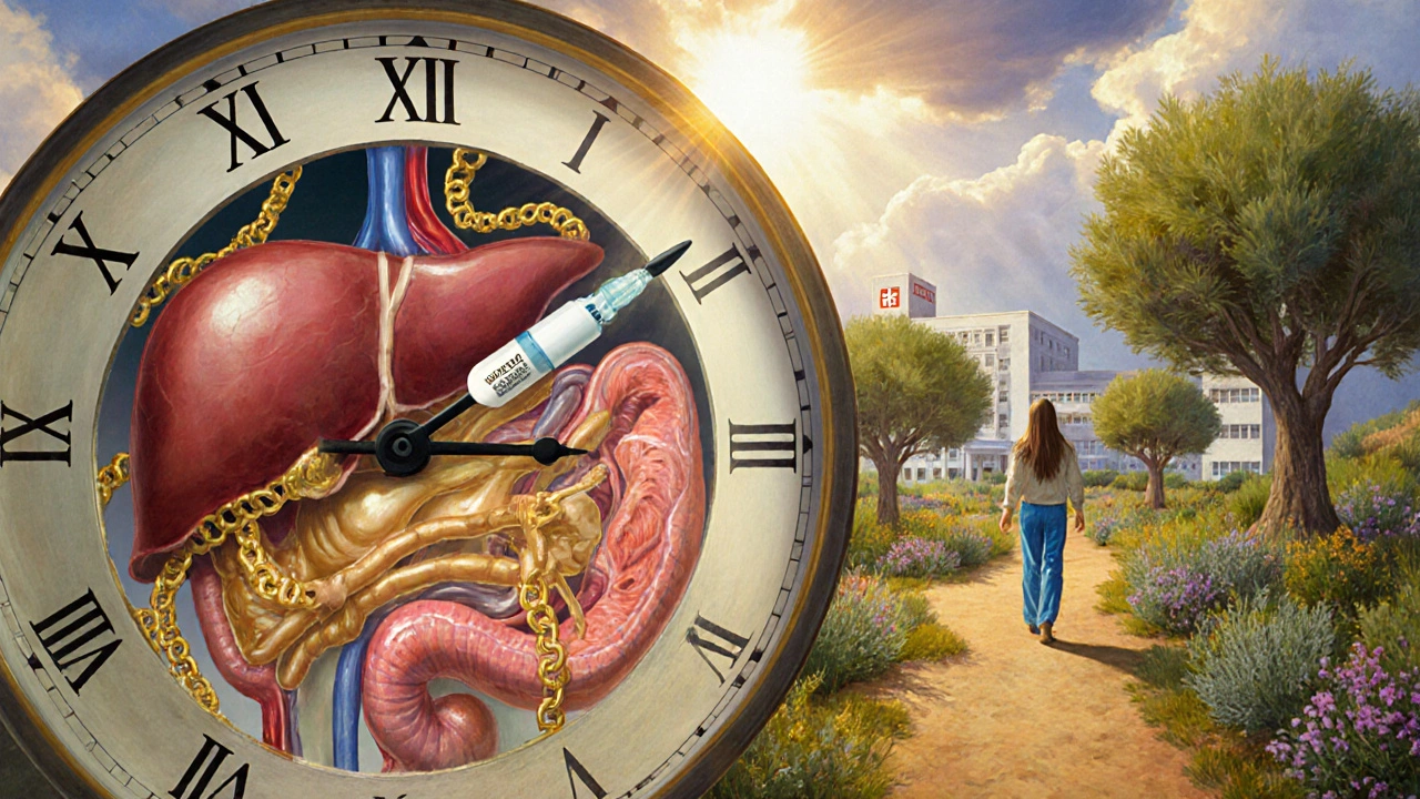 Orologio fatto di organi umani avvolti da grasso viscerale, con una persona che si allontana verso un giardino luminoso.