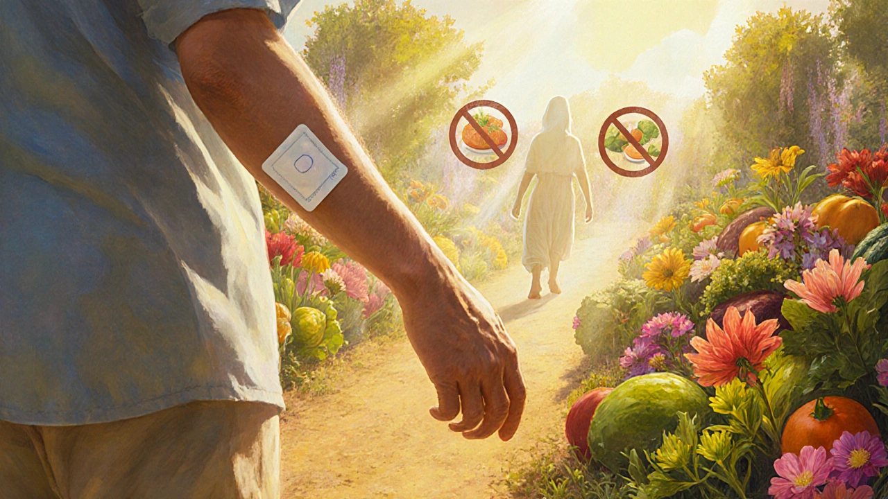 Paziente in giardino soleggiato con cerotto transdermico, cibi proibiti svaniscono, stile Maxfield Parrish.